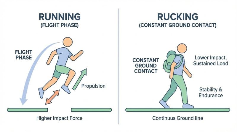 Comparison of running flight phase high impact versus rucking constant ground contact low impact