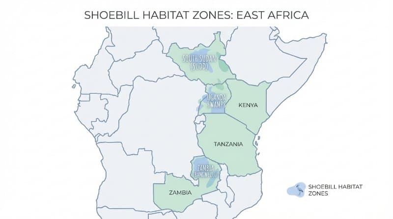 Map of East Africa highlighting Shoebill habitats
