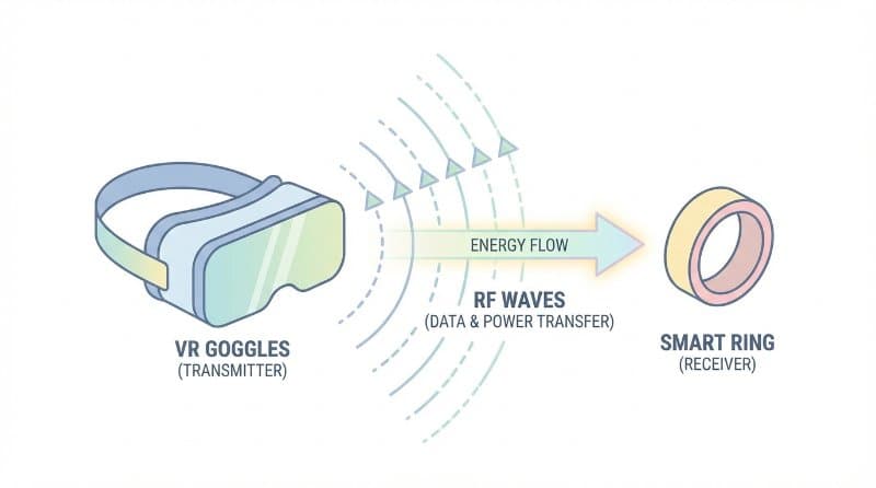 Diagram showing RF energy waves traveling from an XR headset to a smart ring on a finger