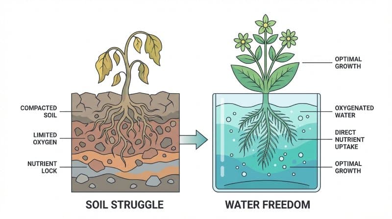 Diagram of hydroponic roots versus soil roots