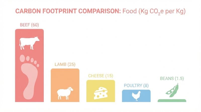 Comparison of carbon footprint between beef, lamb, cheese, poultry, and beans