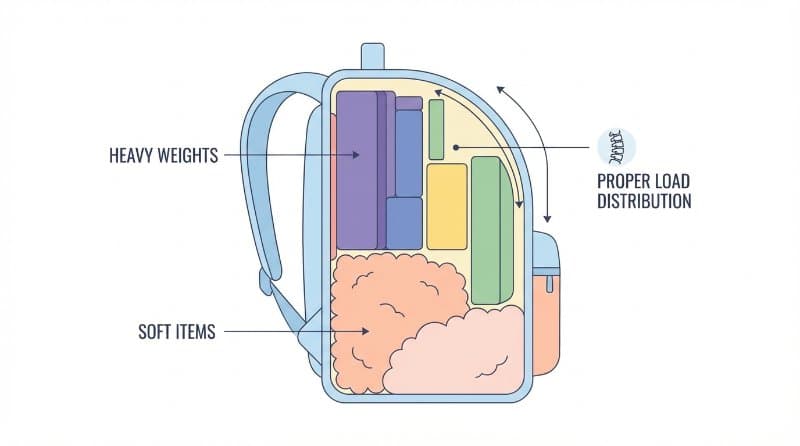 Diagram of a backpack showing proper weight distribution