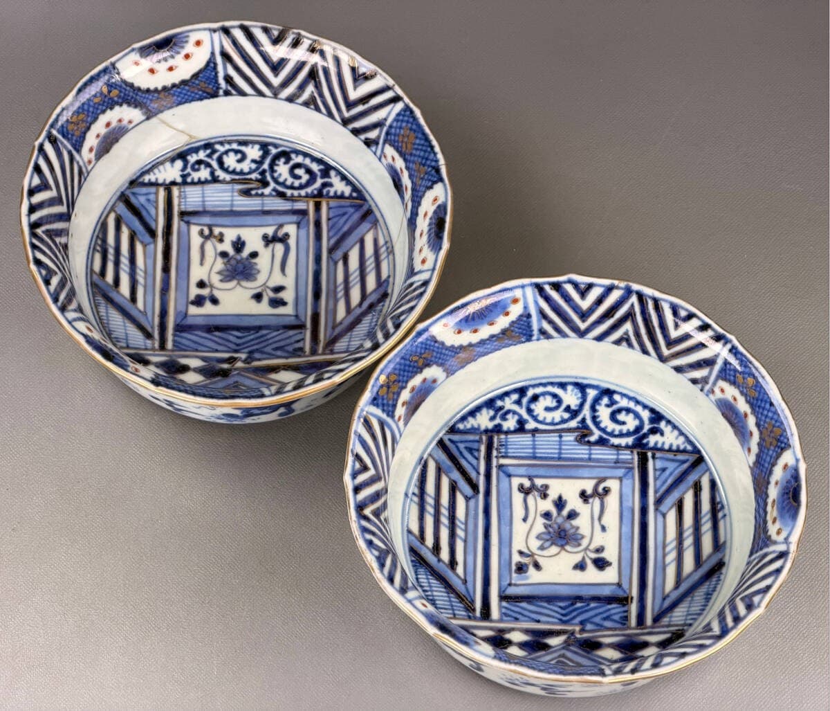 Imari Food Bowls 2Pcs Geometric Patterns Japanese Tableware Made in Japan
