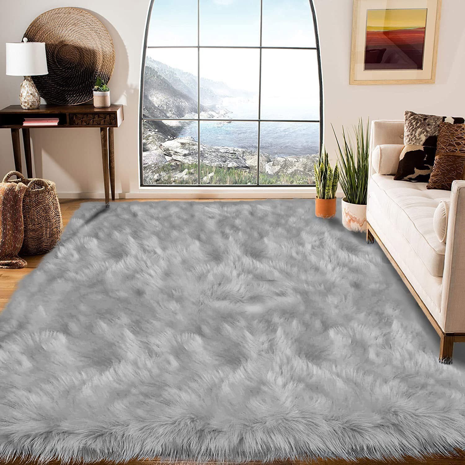 Faux Fur Sheepskin Area Rug Non-Skid Furry Carpet for Living Room in Many Colors