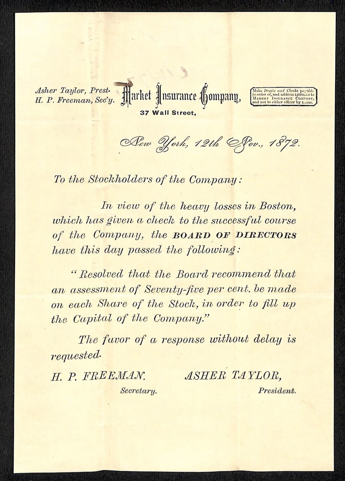 1872 Market Insurance Co NYC to E.A. Smith* Request for Capital Form (#37)