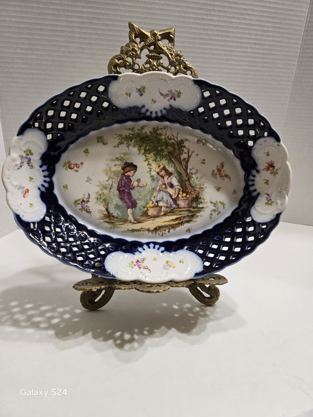 Antique MEISSEN DRESDEN Oval Porcelain Serving Bowl With Blue And Gold Latice...