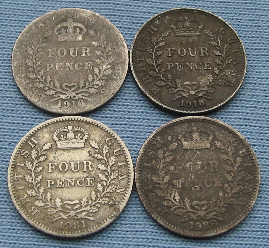 4 British Guiana Four Pence Coins 1916/1918/1931/1936 George V