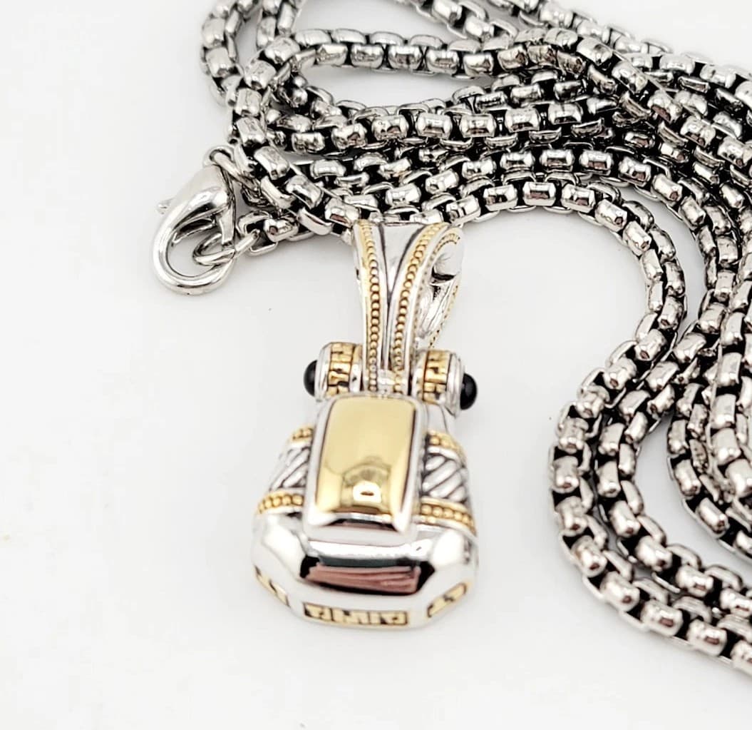 Vtg 2in1 TJ Pendant Necklace Black Glass Cabochons CZ JOHN MEDEIROS Jewelry