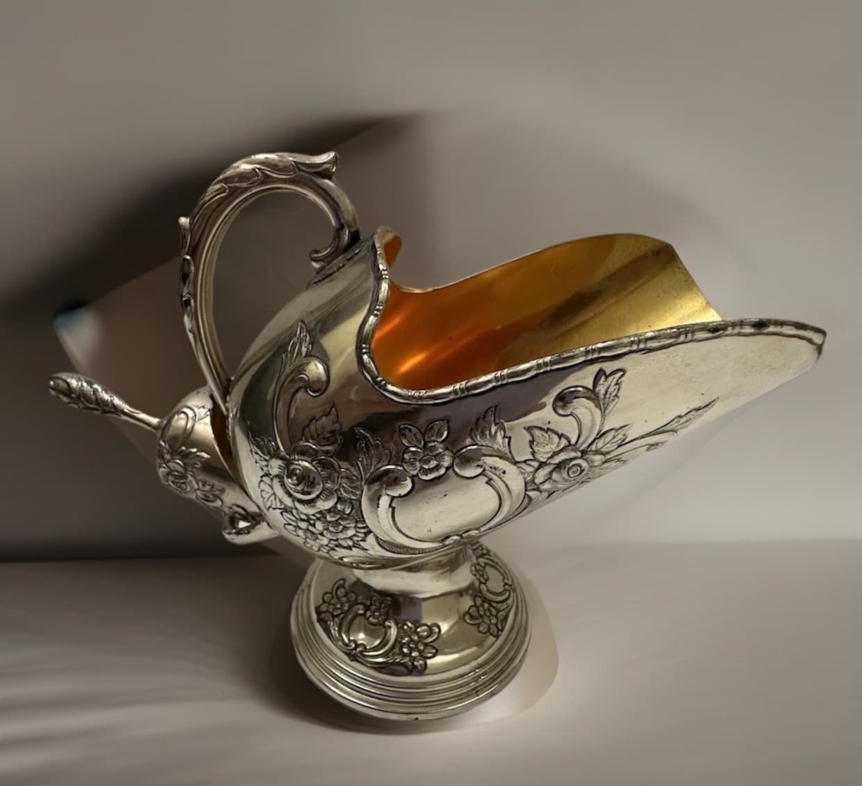 Vintage Silver Sugar Scuttle With Scoop Raimond Plate and Copper Pedestal