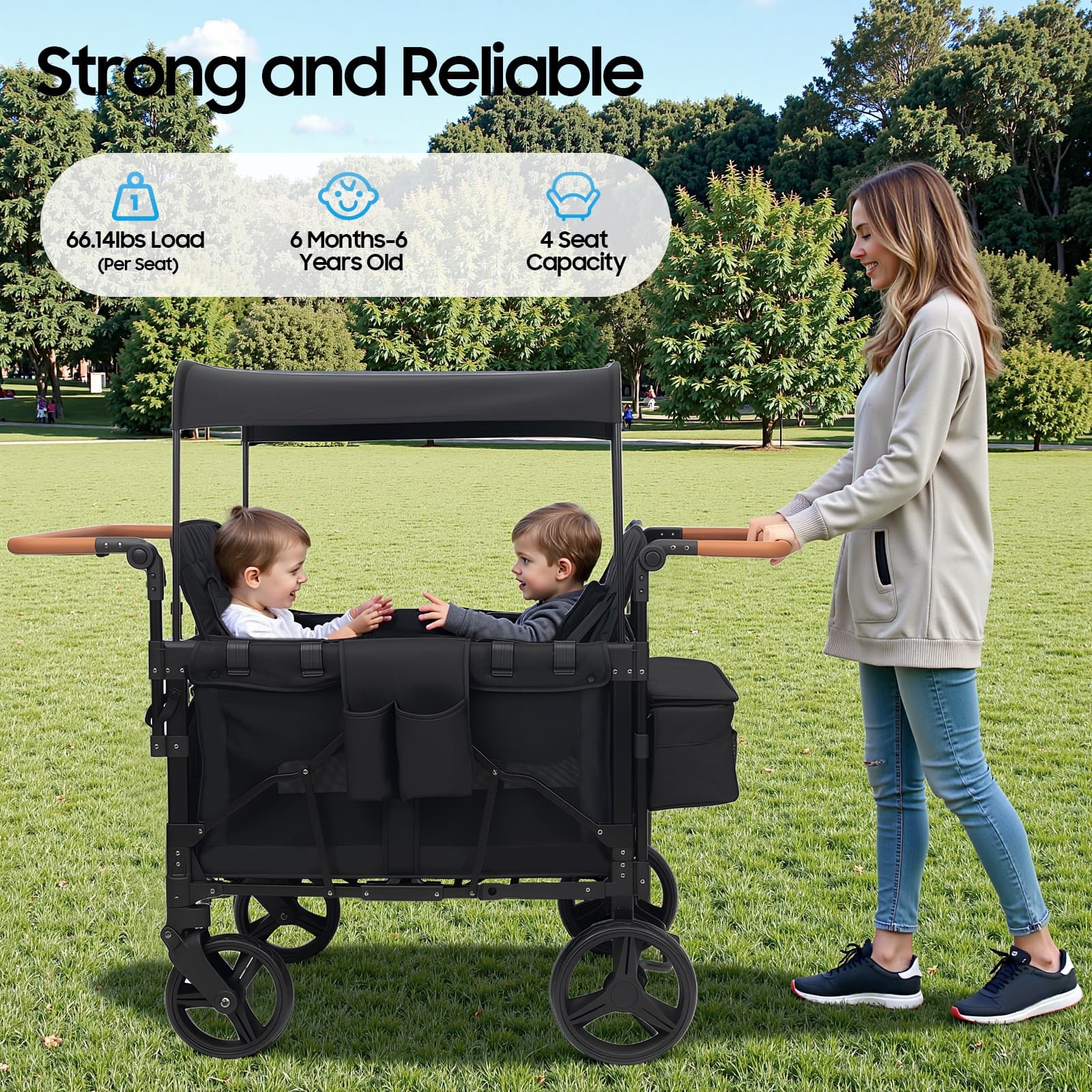 Wagon Stroller for 4 Kids, Toddlers Canopy, Foldable Infant Buggy