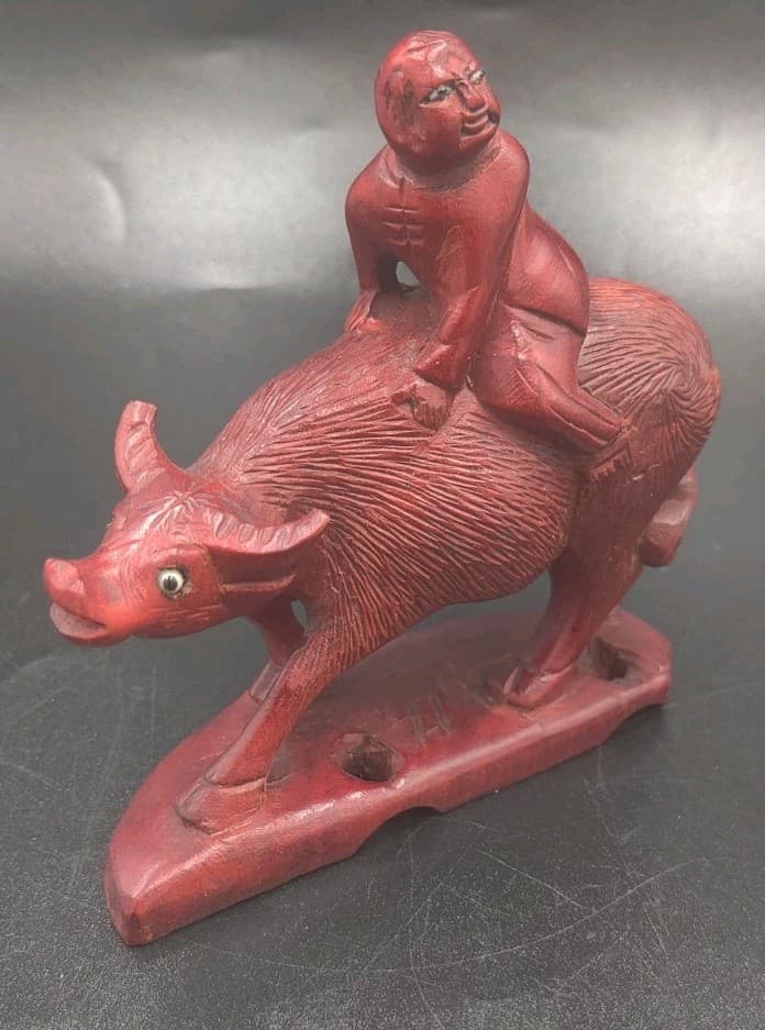 Vintage Creepy Eyes Hand Carved Wood Man Riding Water Buffalo Figurine