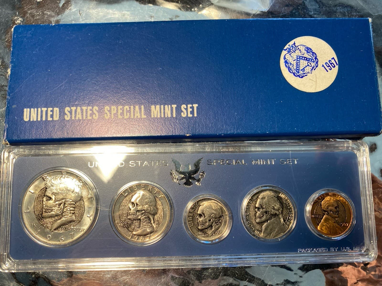 SKULL 1967 SPECIAL SET ! Hand Engraved Hobo Coins 1967 - 5 Coin Set !!