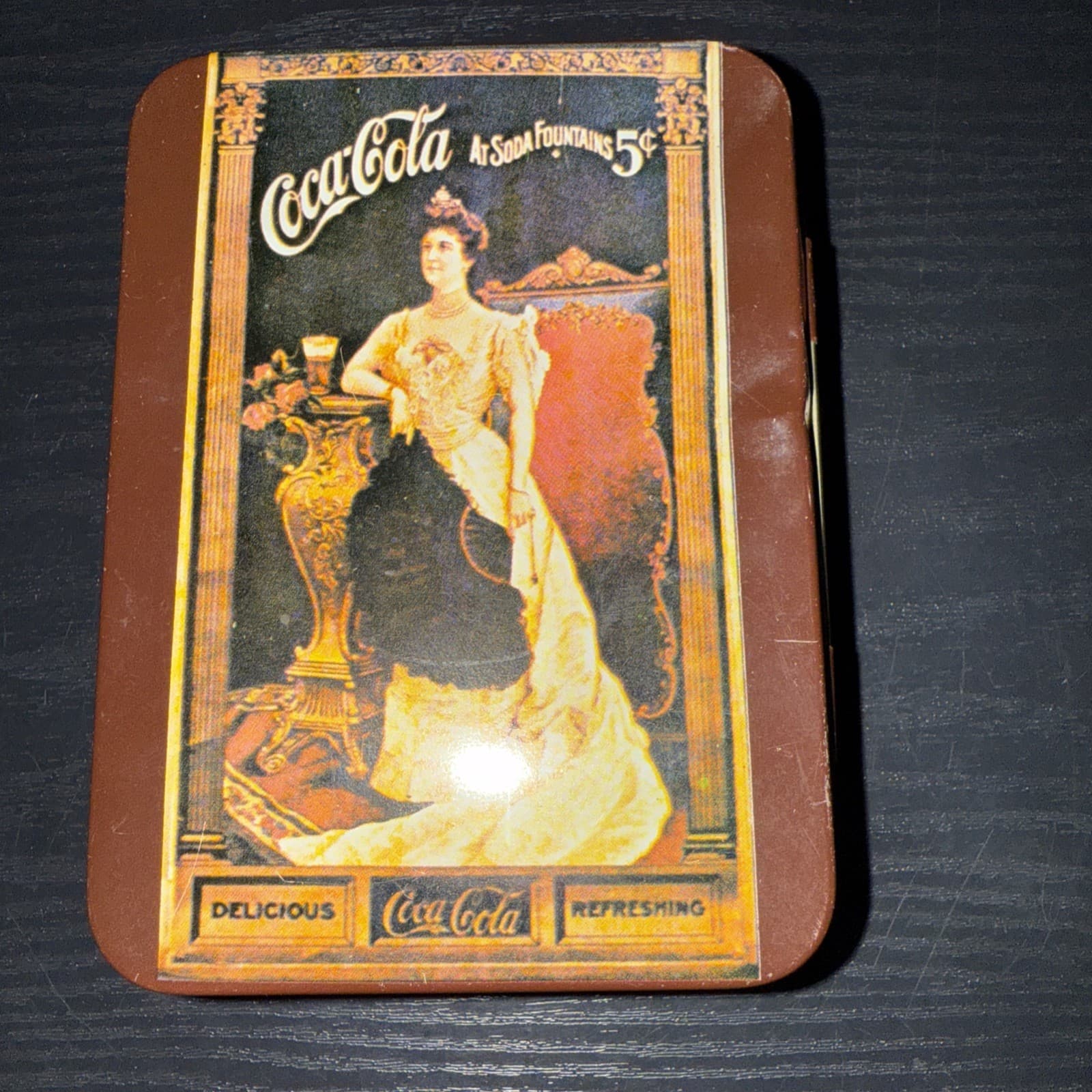 Vintage Coca-Cola “At Soda Fountains 5 Cents” Brown Tin With Hinged Lid