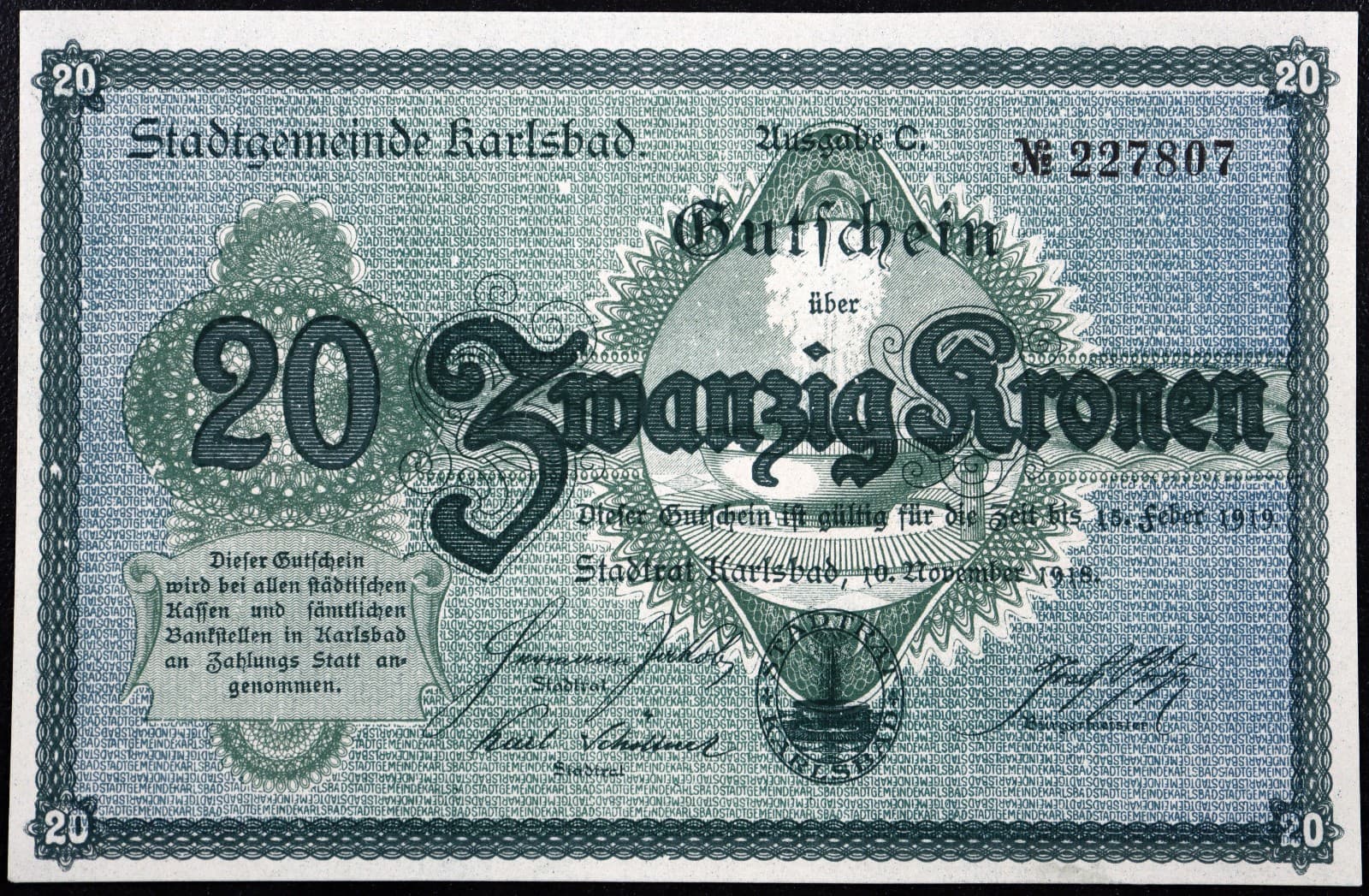 KARLSBAD / KARLOVY VARY 1918 XX-RARE 20 Kronen Bohemia Czechia Austrian Notgeld
