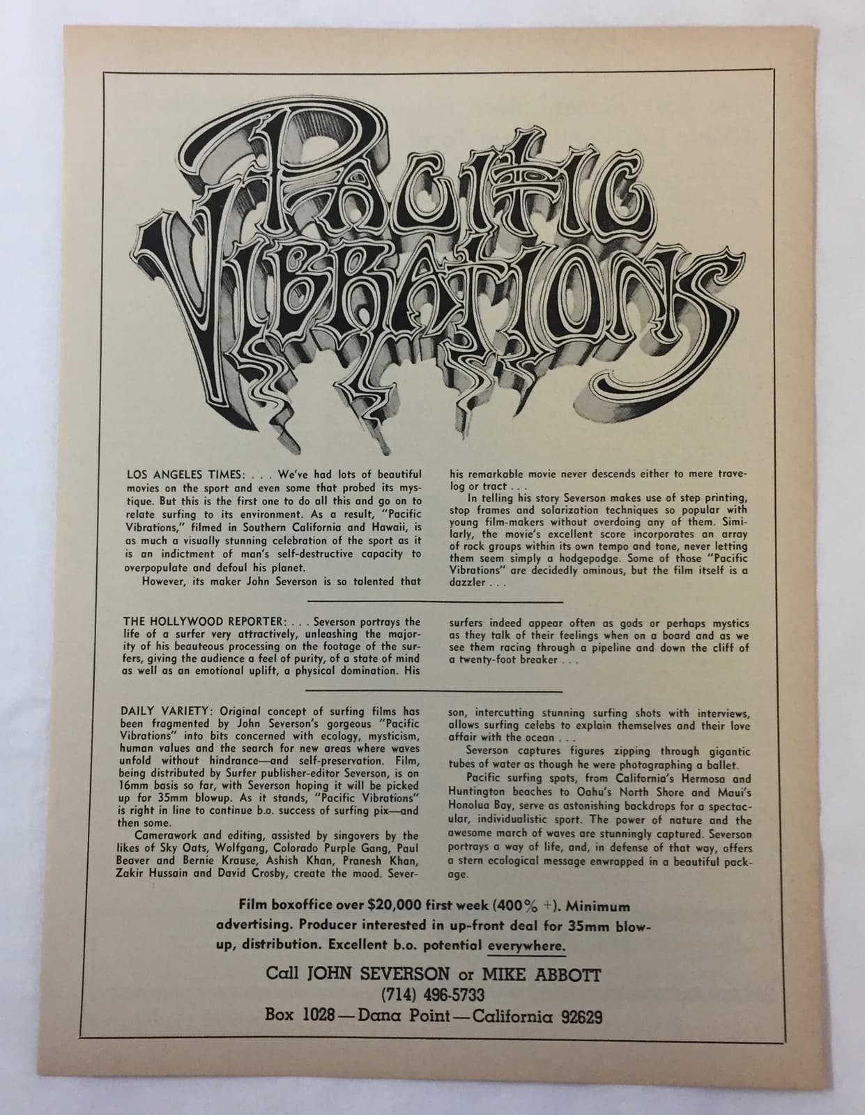 1970 movie industry trade ad page ~ PACIFIC VIBRATIONS classic surfing film
