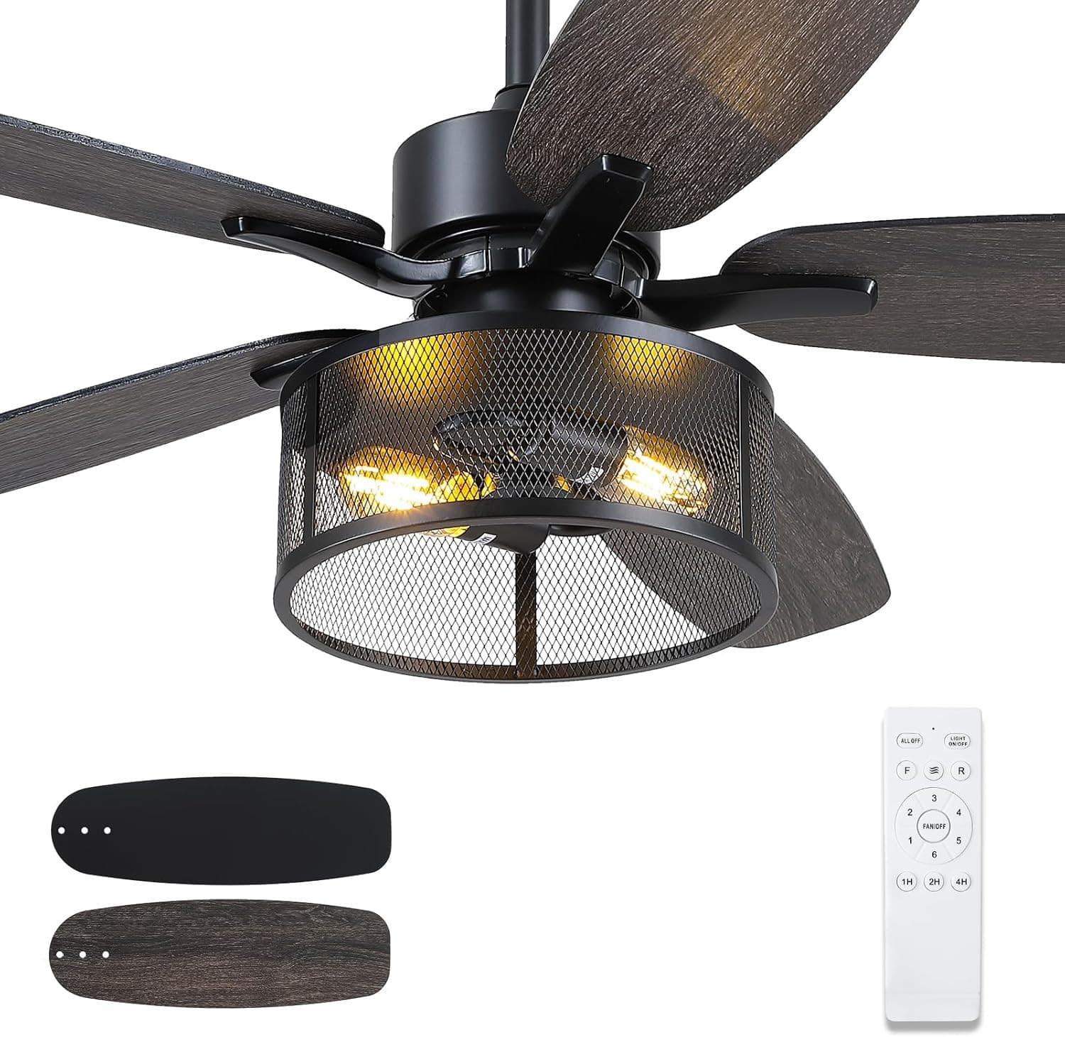 Farmhouse Ceiling Fan with Light and Remote,48" Black Industrial Caged Flush Mou