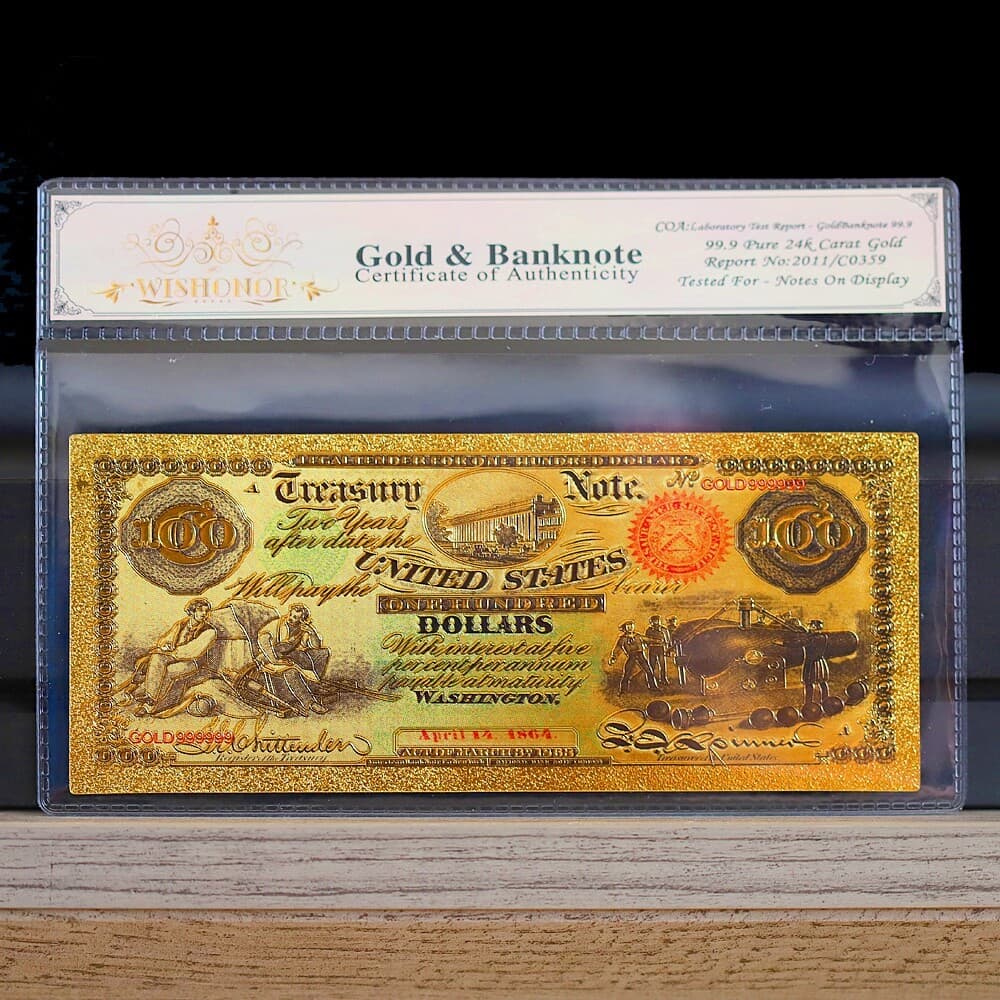 100mg 24K Gold 1864 $100 Dollars Interest Bearing Treasury Note - White COA