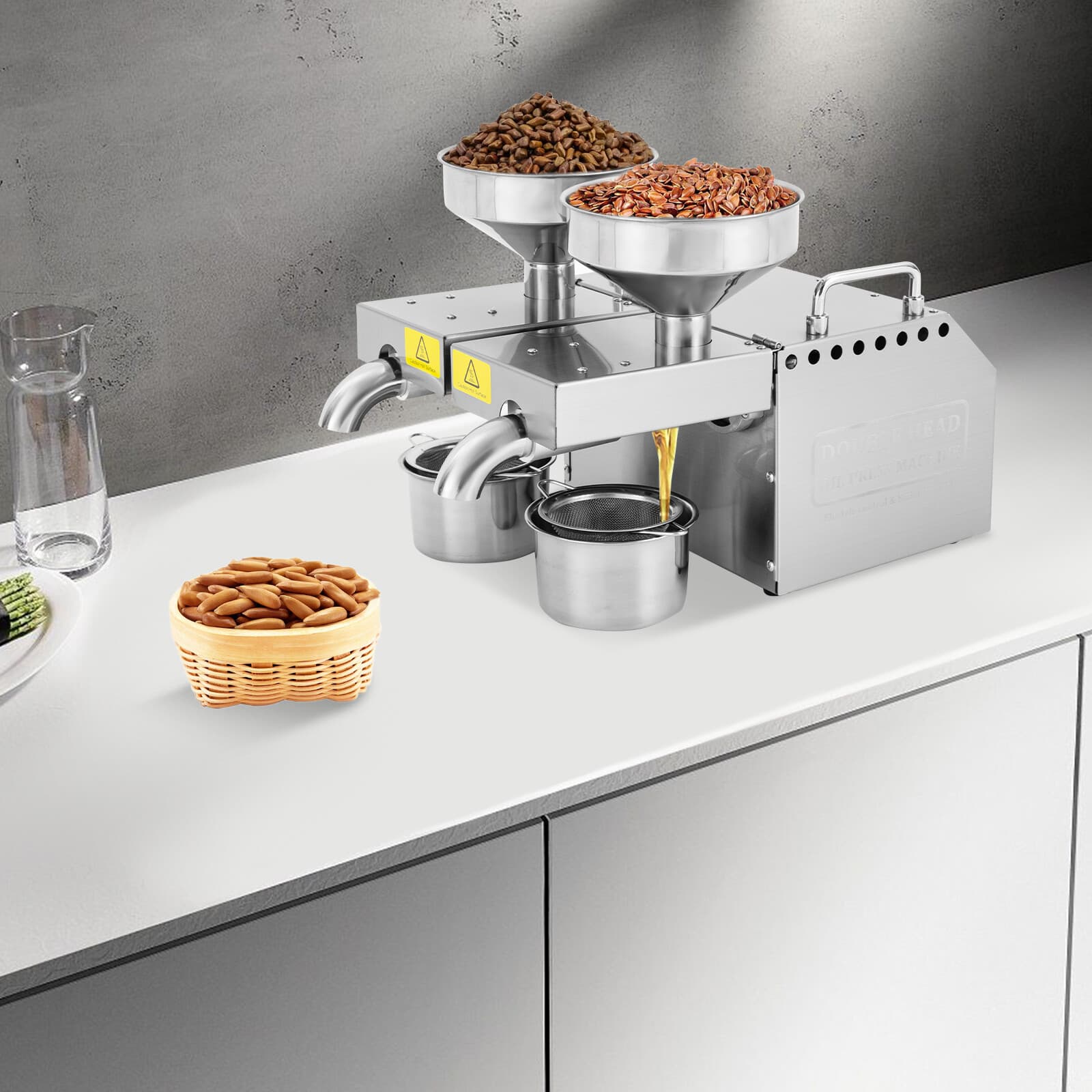 110V Automatic Oil Press Machine w/ Double Oil Outlets Stainless Oil Presser USA