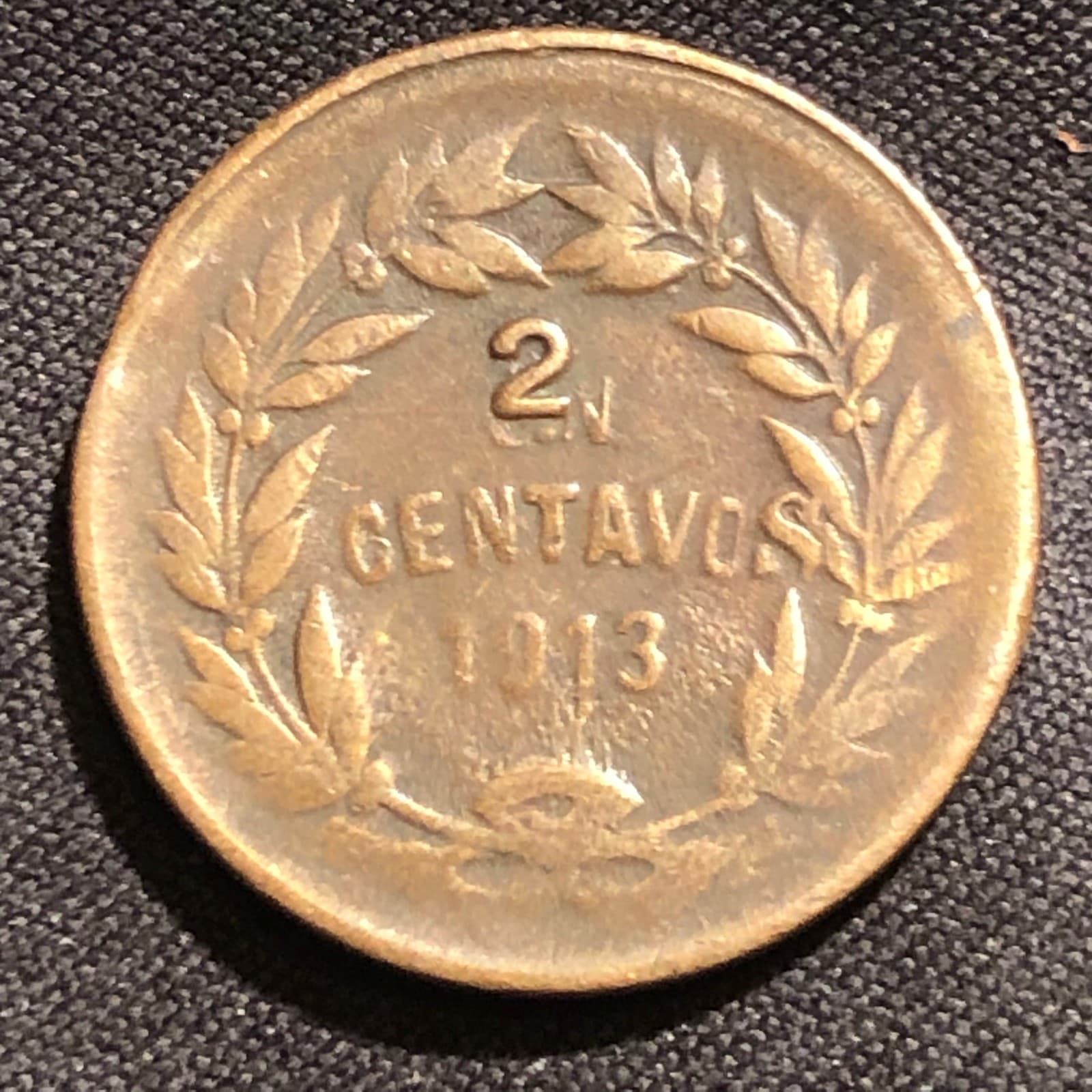 1913 Honduras 2 Centavos Clear Overstrike over UN Copper Coin - VF (Very Fine)