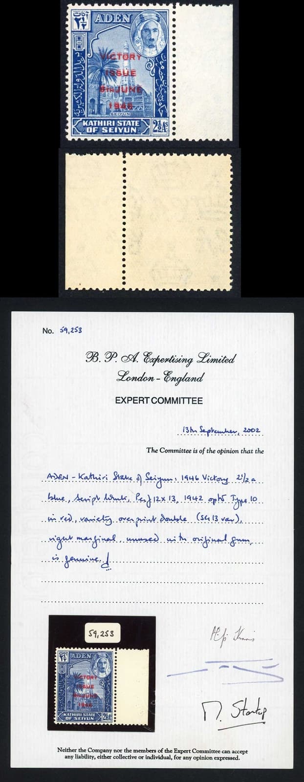 Aden Seiyun SG13b 2 1/2d Overprint Doubled U/M Cat 1800 pounds BPA Cert