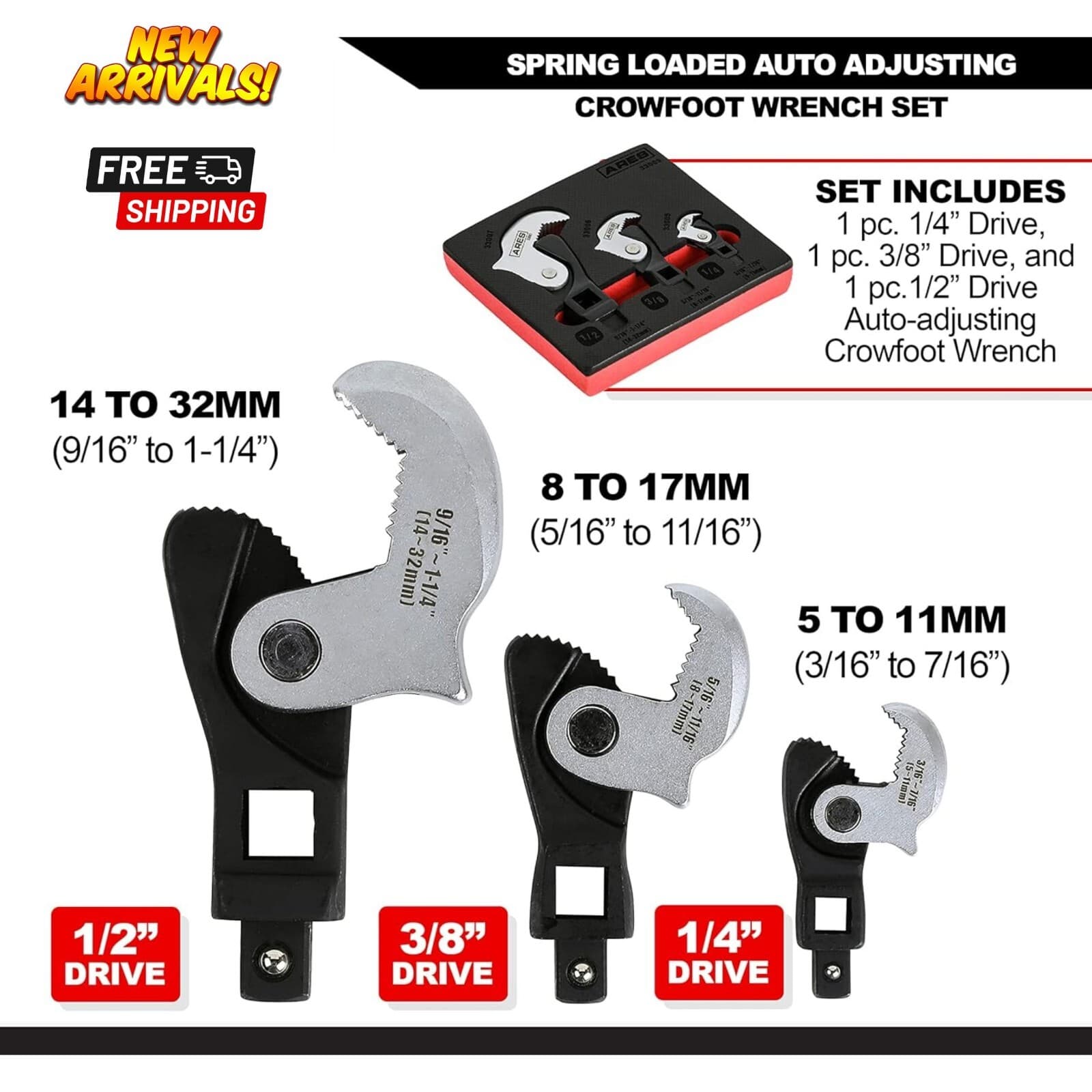 3Pc Auto Adjusting Crowfoot Wrench Set for Replace Oxygen Sensor Wheel Alignment