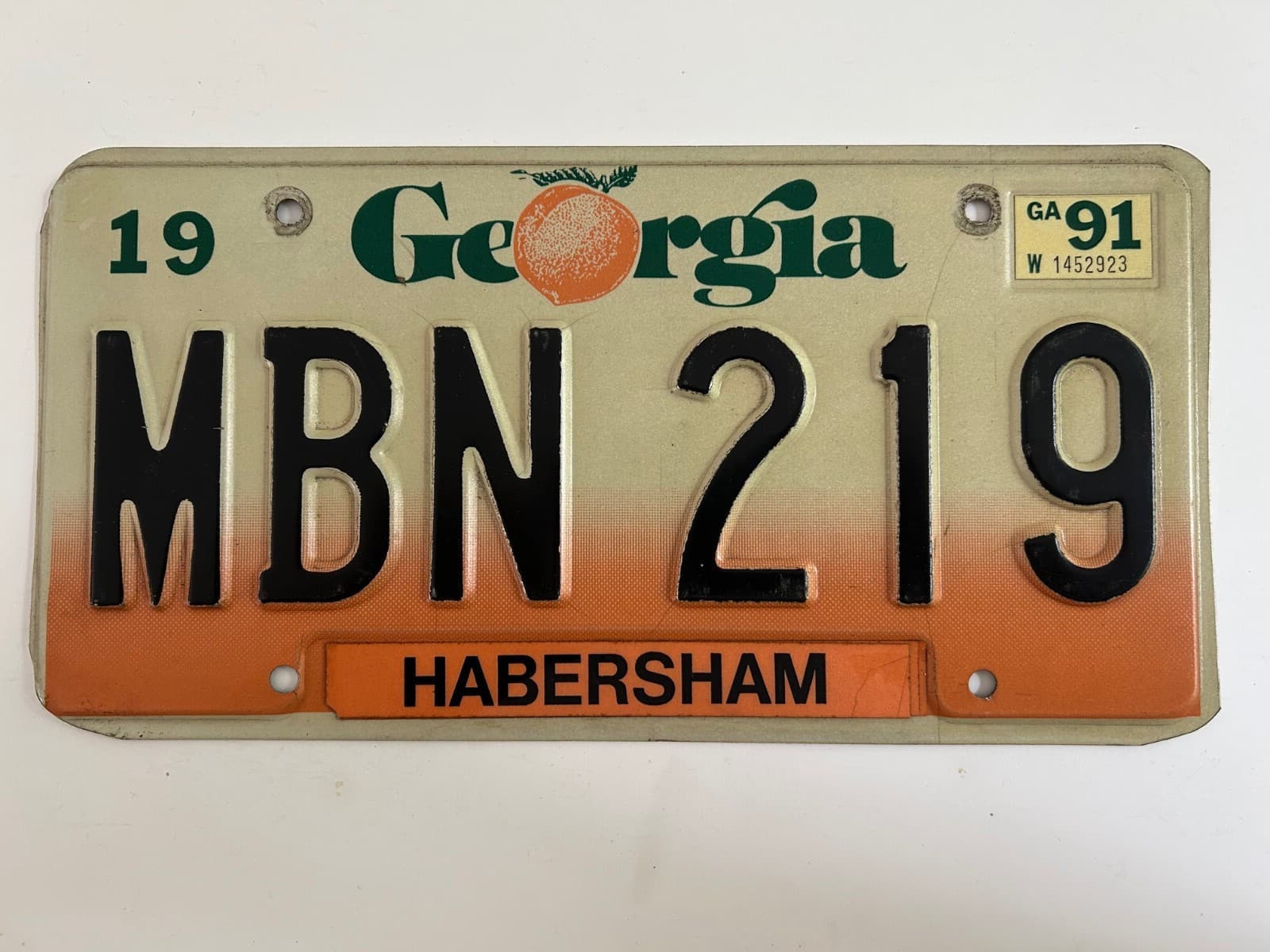 1991 Georgia License Plate Natural Sticker on Dated 1990 Base - Habersham County