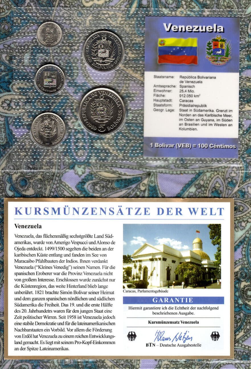 Kursmünzensätze Der Welt Venezuela UNC w/card All 1990 but 5 Bolivars 1989
