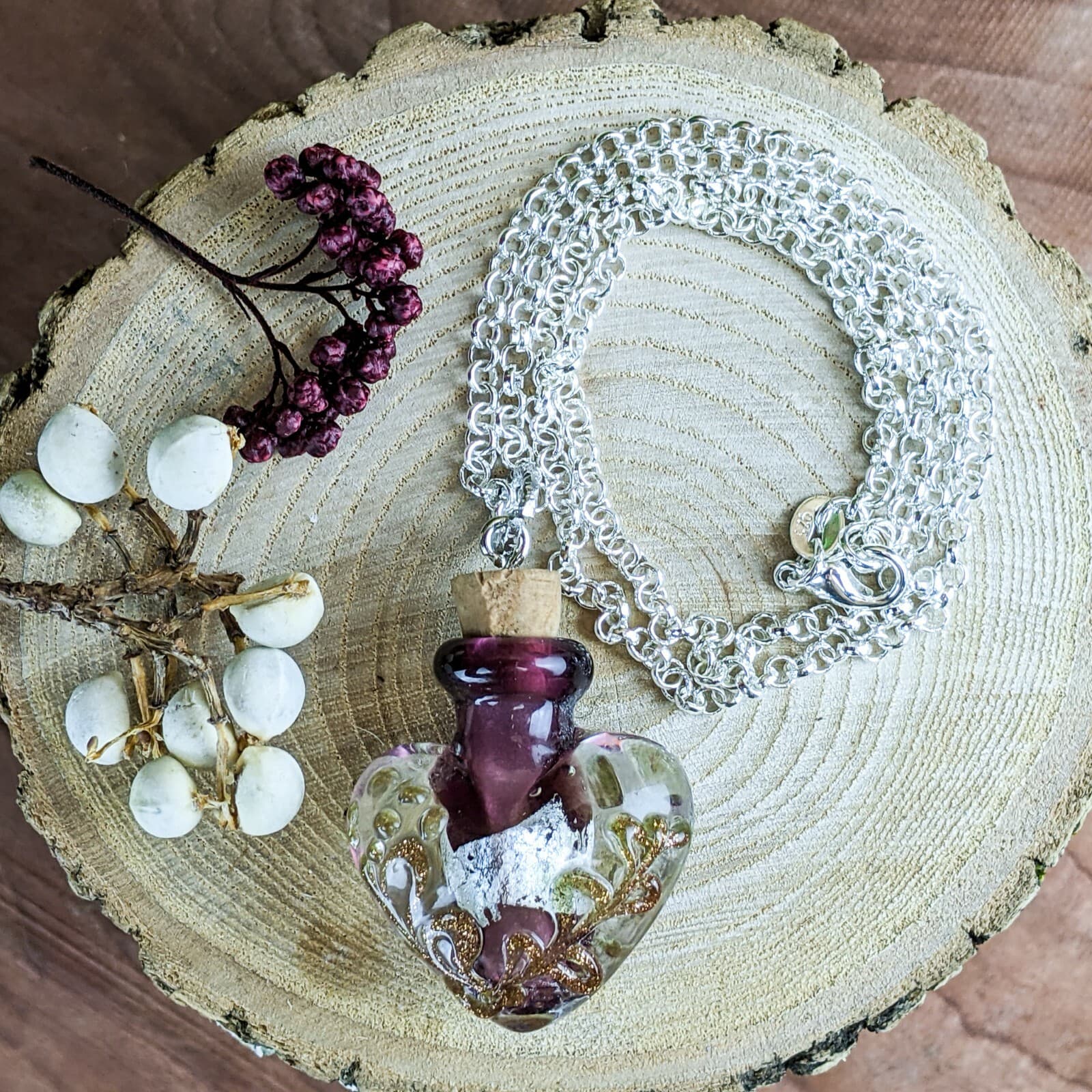 Heart Cremation Urn Necklace Silver jewelry purple Murano Glass sympathy ashes