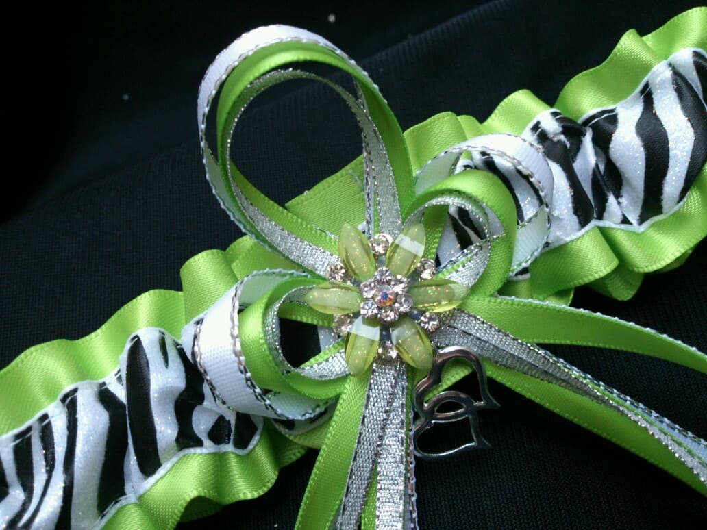Bling! Apple Green ZEBRA Glitter GARTER Prom Wedding Formal Bridal Exotic Dancer