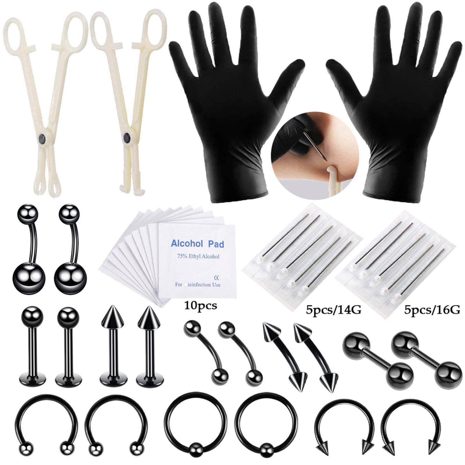 42pcs/lot Professional Body Piercing Tool Kit Ear Nose Navel Nipple Needles Set