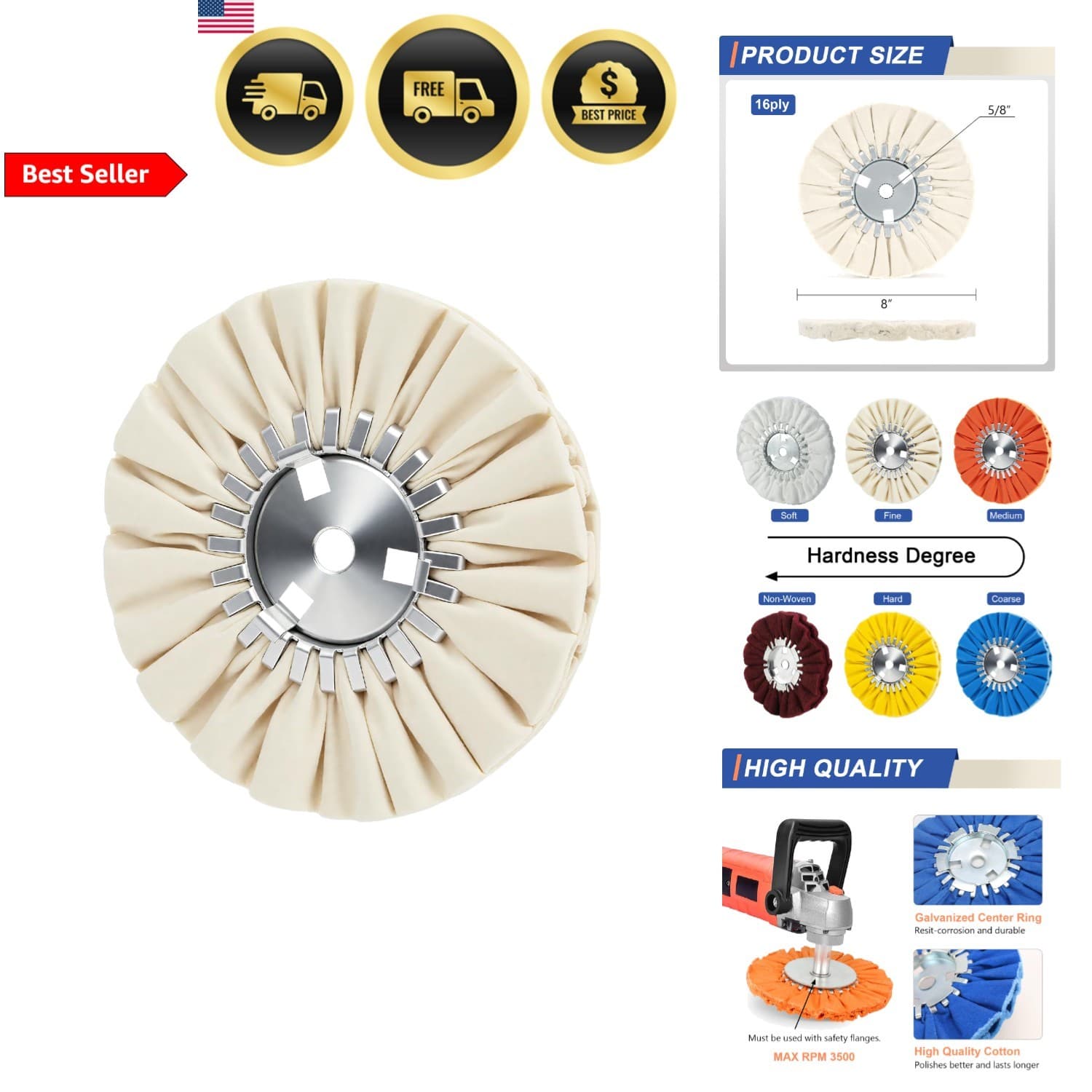 Airway Buffing Wheel 8 Inch Fine Cotton Polishing Wheel for Angle Grinder