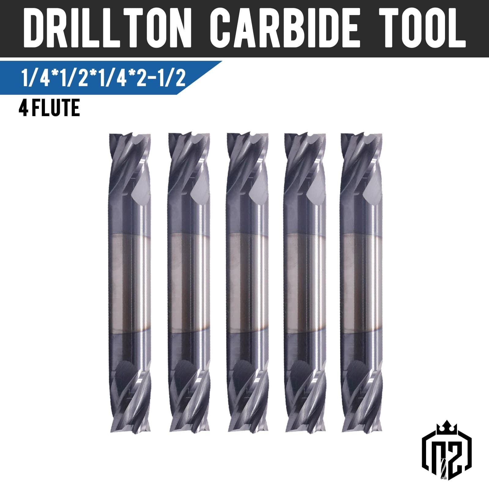 4 Flute 1/4"x 1/2" x 2-1/2" Solid Carbide End Mill - Double End - AlTiN Coated