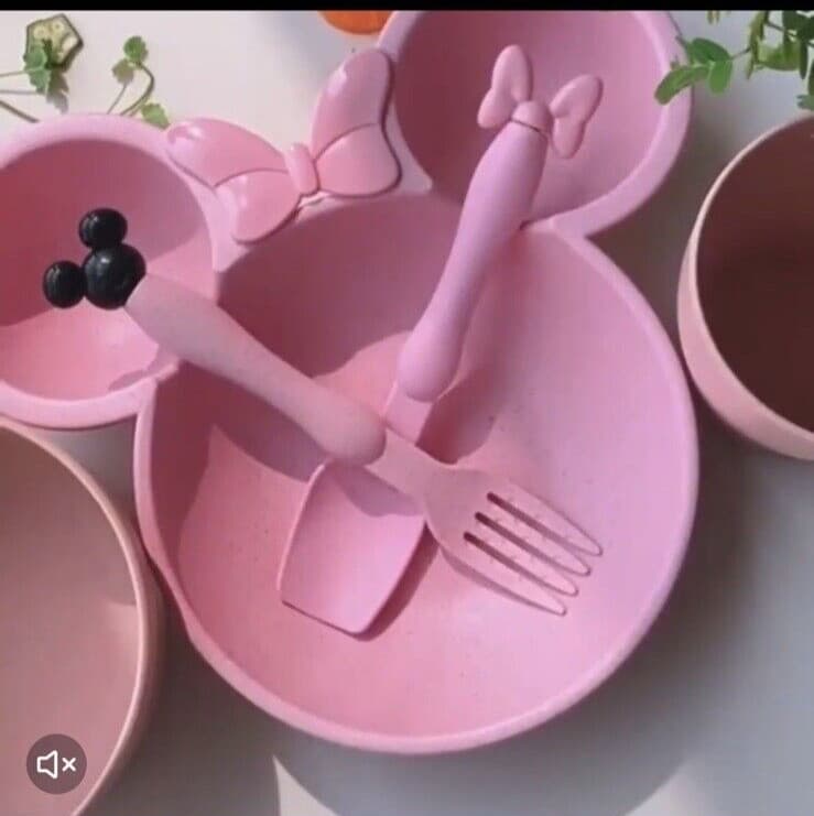 Mickey and Minnie Mouse Pink bowl set with Spoon and Fork Toddlers and Infants