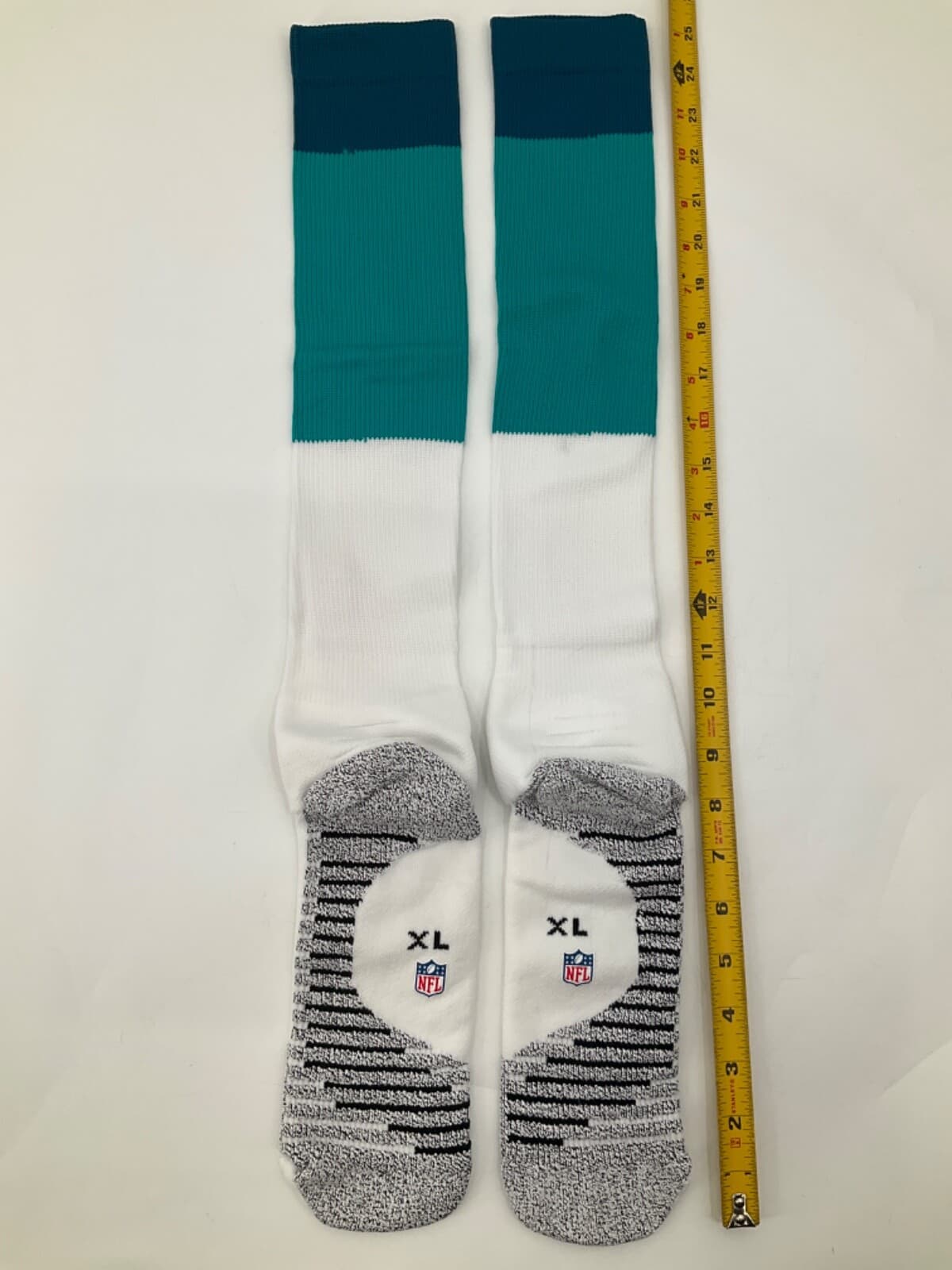 2017 MIAMI DOLPHINS TEAM ISSUED NIKE AQUA/NAVY GAME SOCKS SIZE: X-LARGE