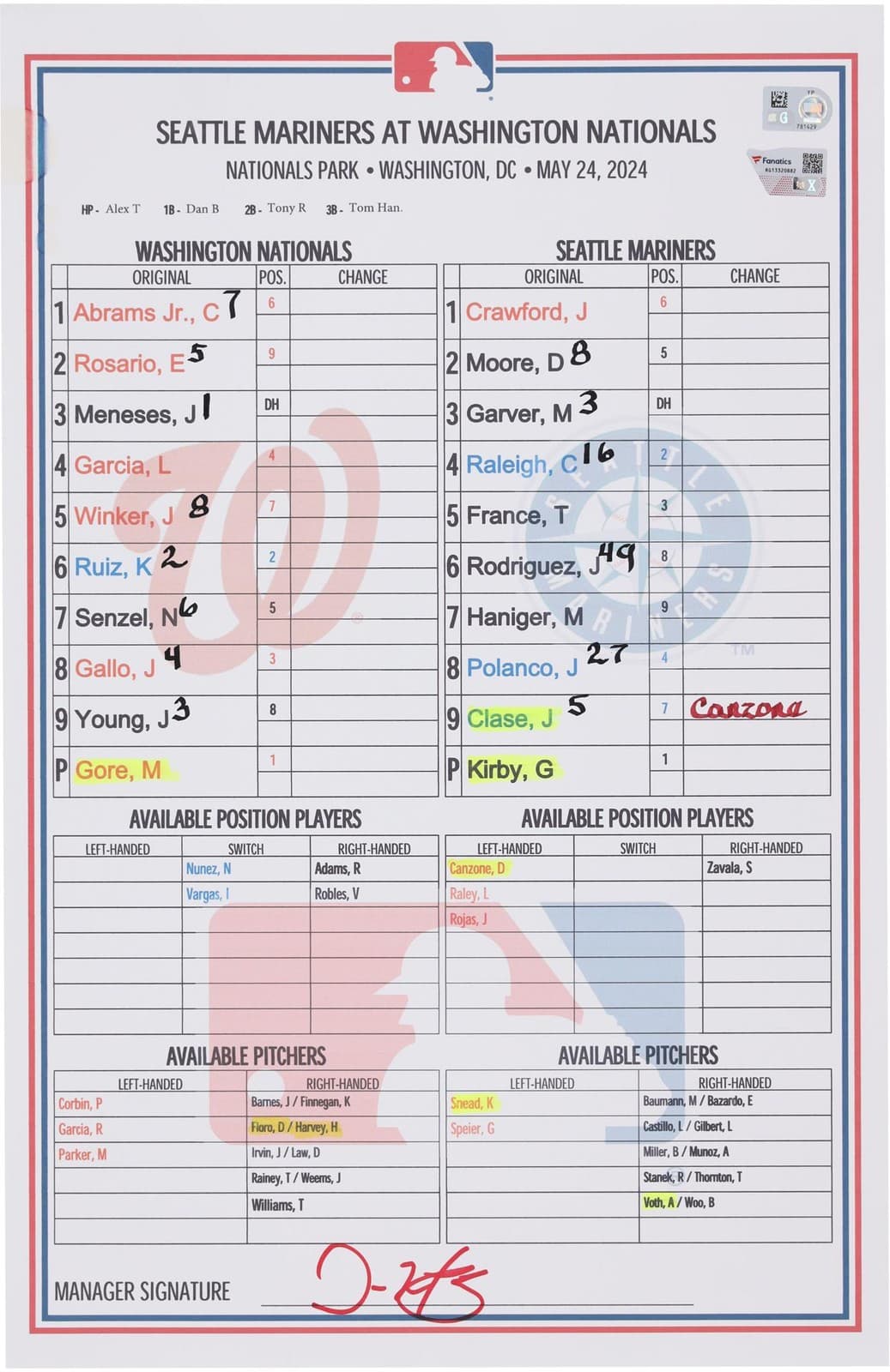 Washington Nationals Game-Used Lineup Card vs. Seattle Mariners on May 24, 2024
