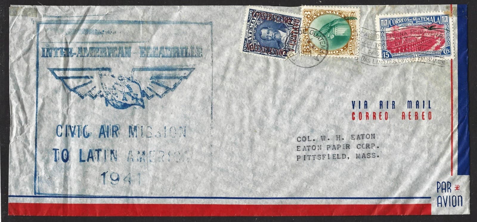 GUATEMALA 1941 CIVIC AIR MISSION TO LATIN AMERICA FLIGHT COVER ISGC AM37