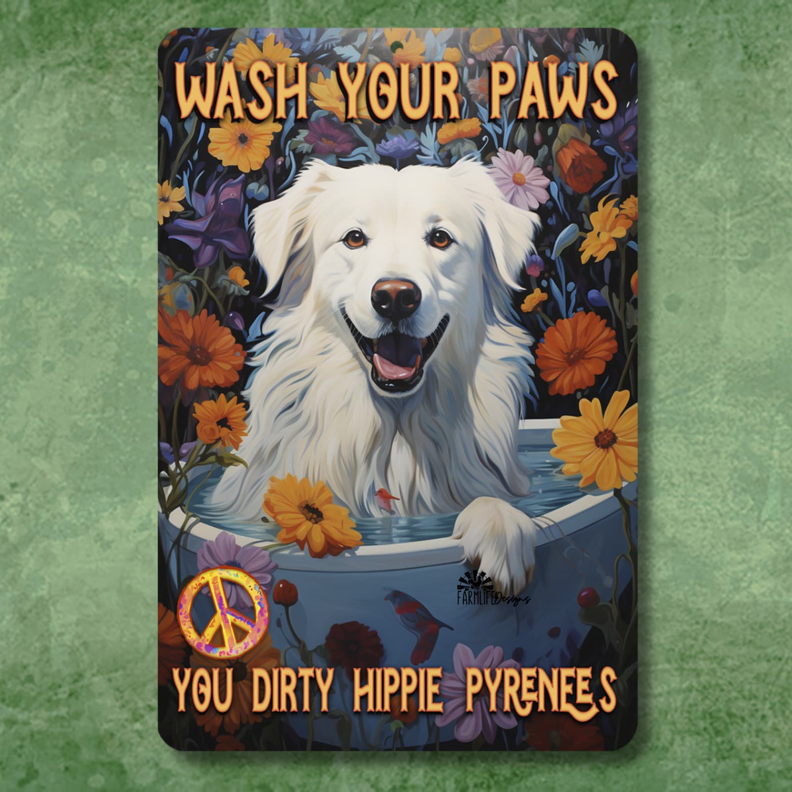 Great Pyrenees Bath Sign Wash Your Paws retro bathroom metal tin dog tub hippie