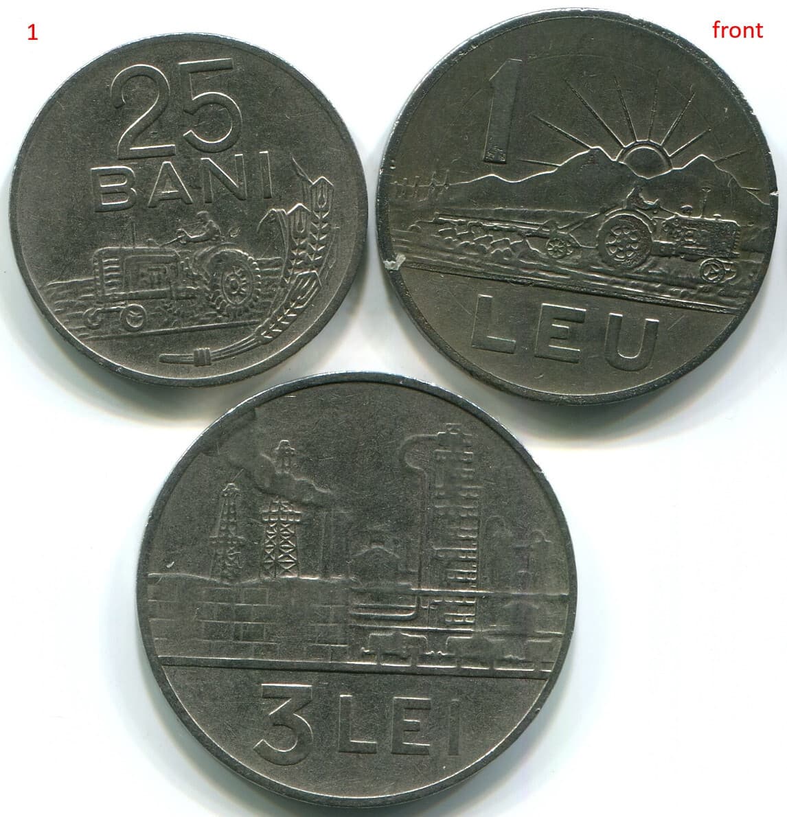 Romania 1960 25 Bani + 1963 1 Leu + 1963 3 Lei, lot of 3 beautiful coins. C126