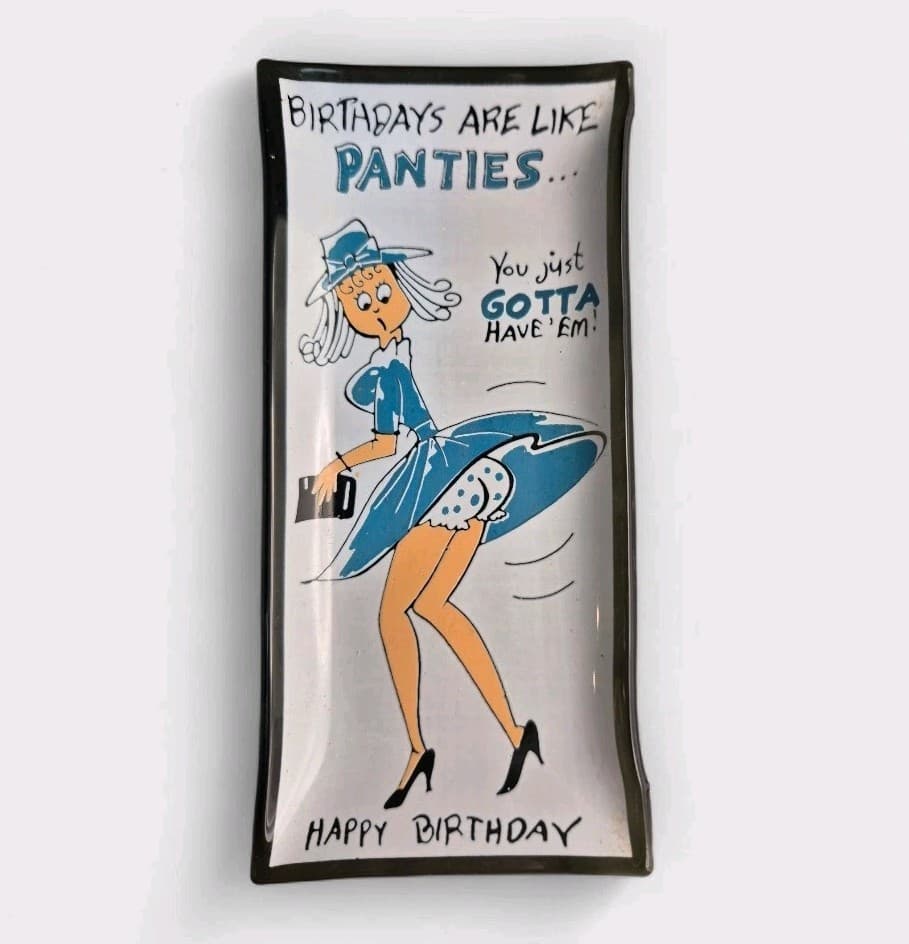 VTG 1960's Houze Art Glass Tray Humor Woman Skirt Up Trinkets Ashtray Bar