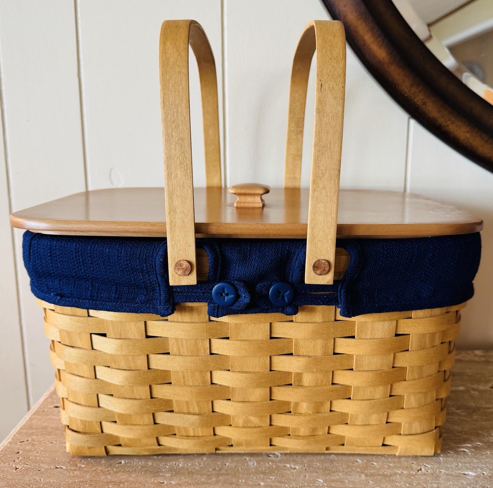 Longaberger Medium Market Basket Cloth Liner, 2 Hard Plastic Inserts, Wood Lid