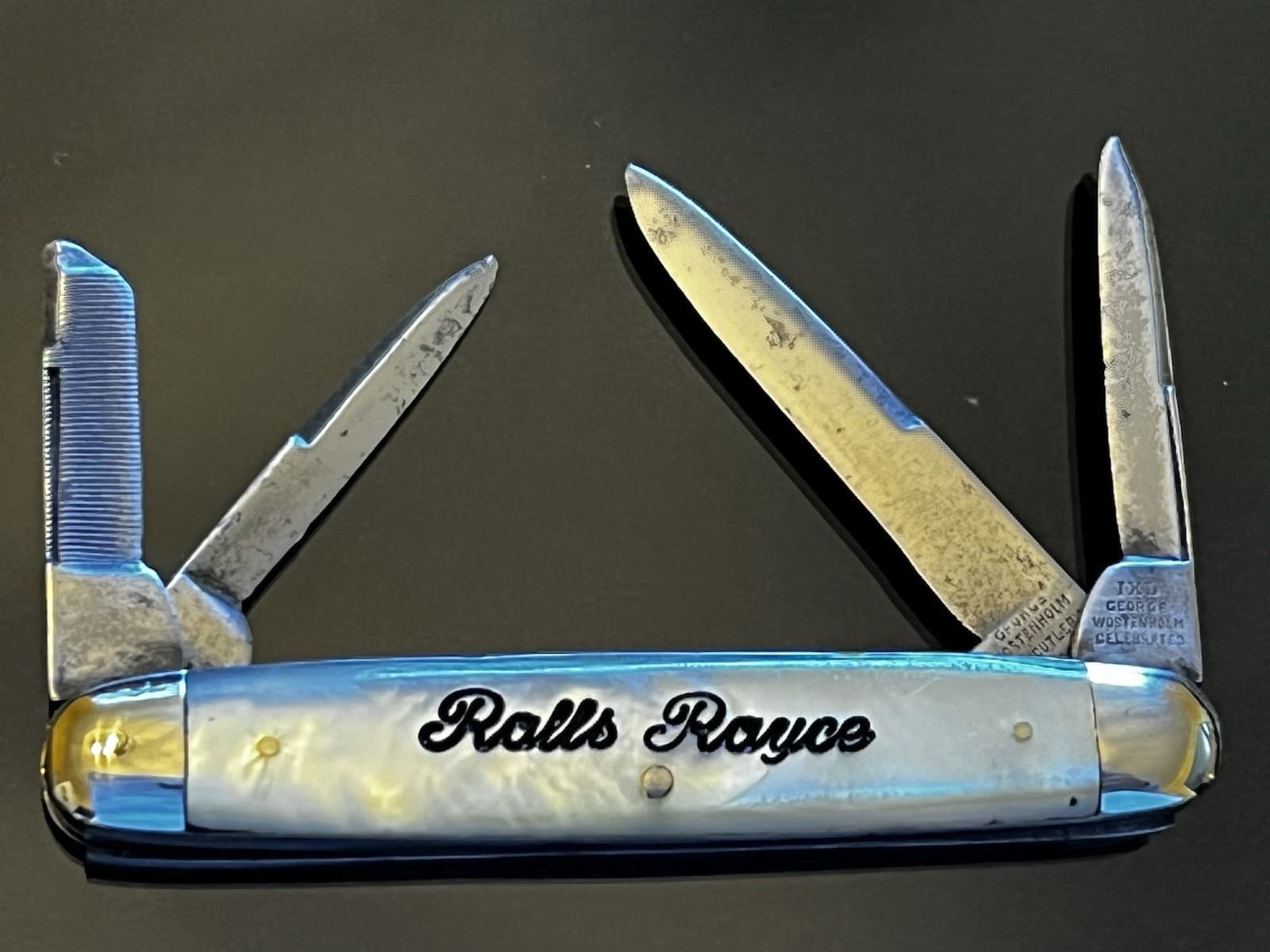 Vintage I•XL Rolls Royce Sheffield England Mother Of Pearl 4 Blade Knife Used .