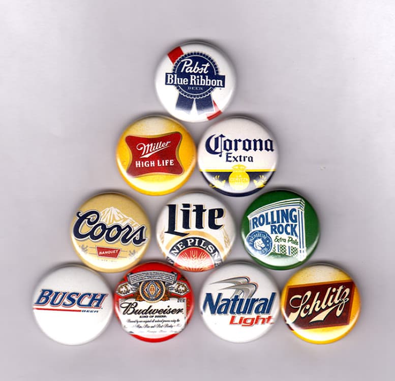 BEER LOGOS 1.5" PINS / BUTTONS (pbr pabst miller lite high life schlitz vintage)