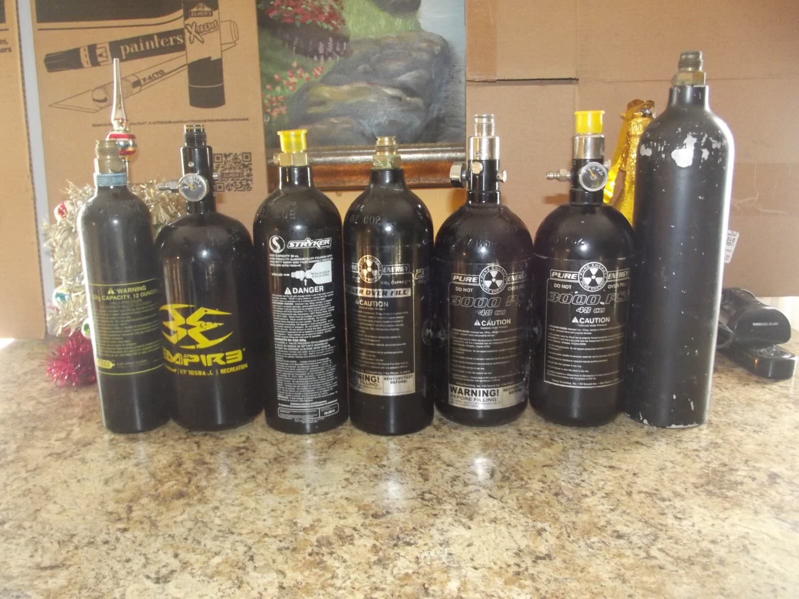 Lot 7 Vintage Paintball Gun CO2 Cylinder Tanks Empty 3000psi Stryker Pure Energy