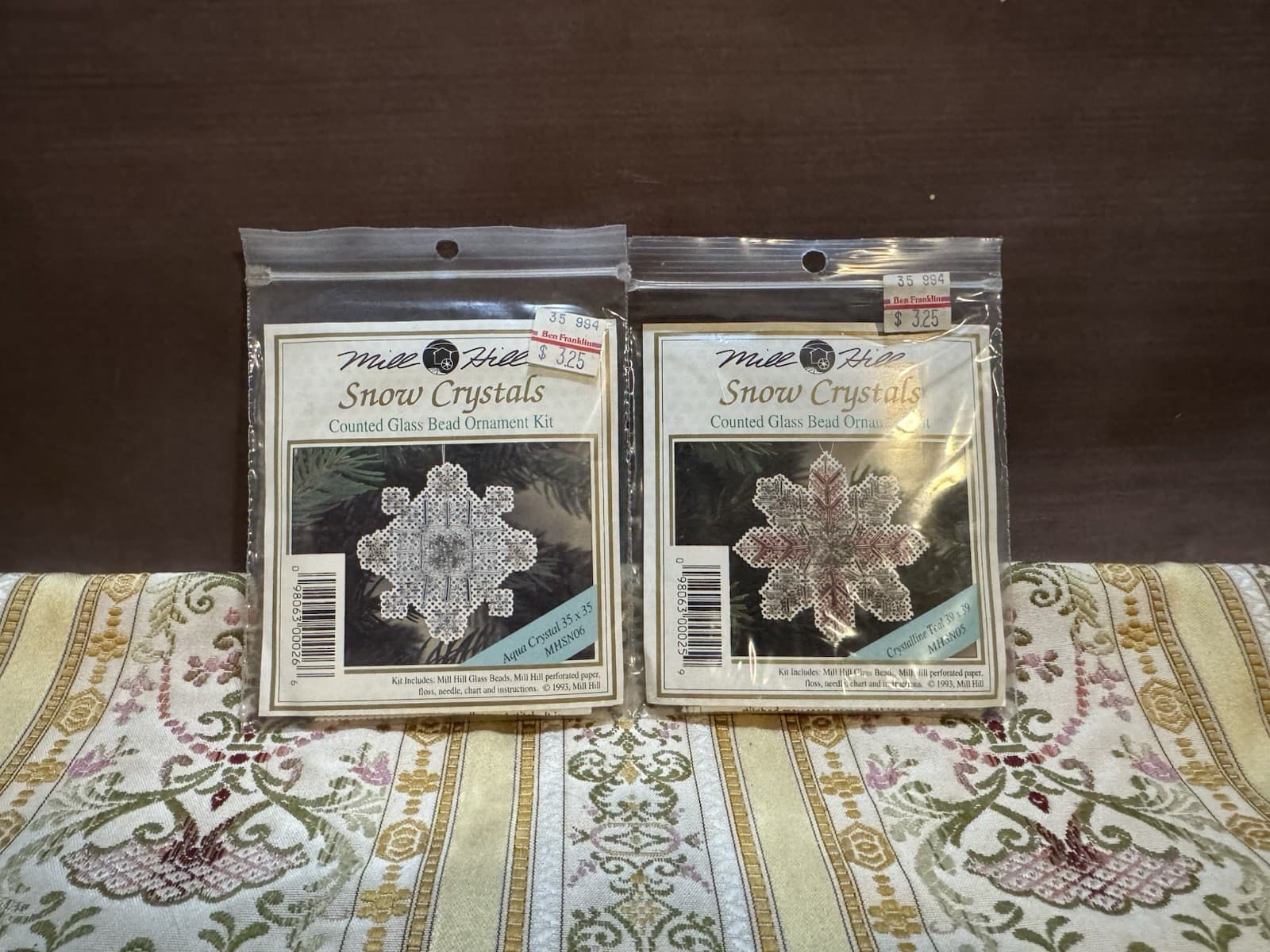 Mill Hill 1993 Snow Crystals Teal Aqua Counted Glass Bead Ornament LOT of 2