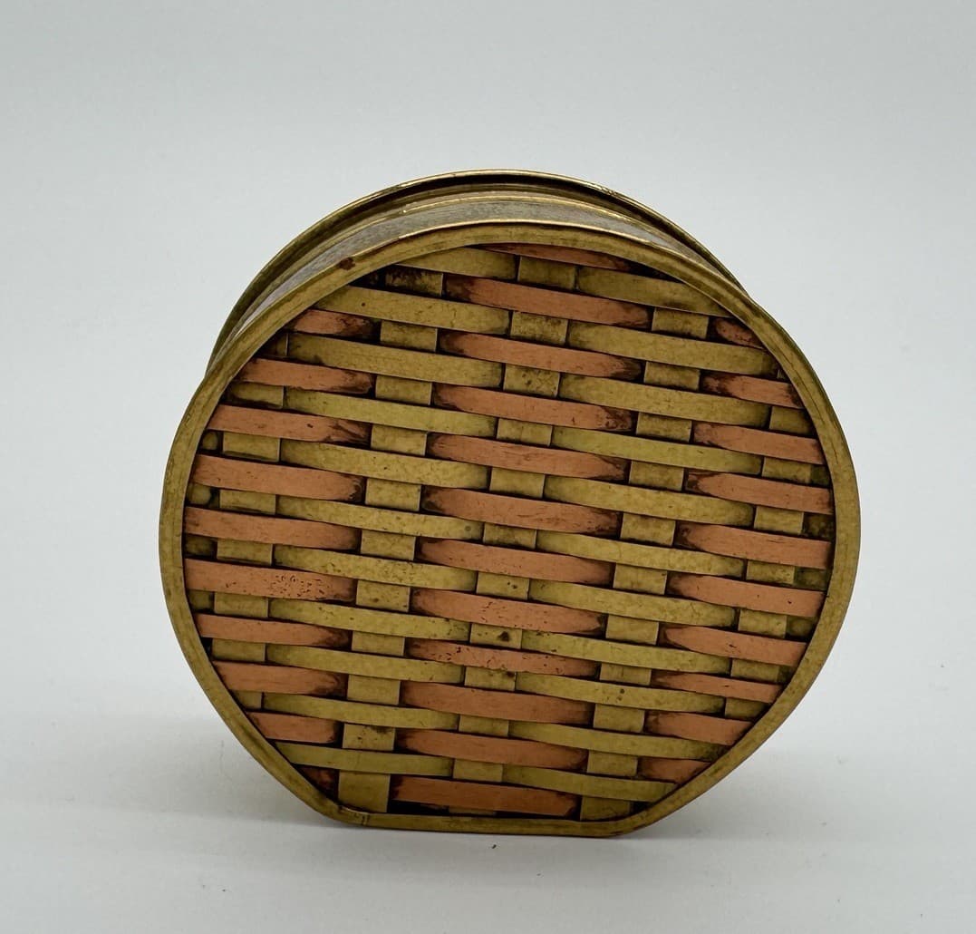 VTG Brass & Copper Woven Hinged Basket Trinket Box 3.75” Oval Case Basketweave
