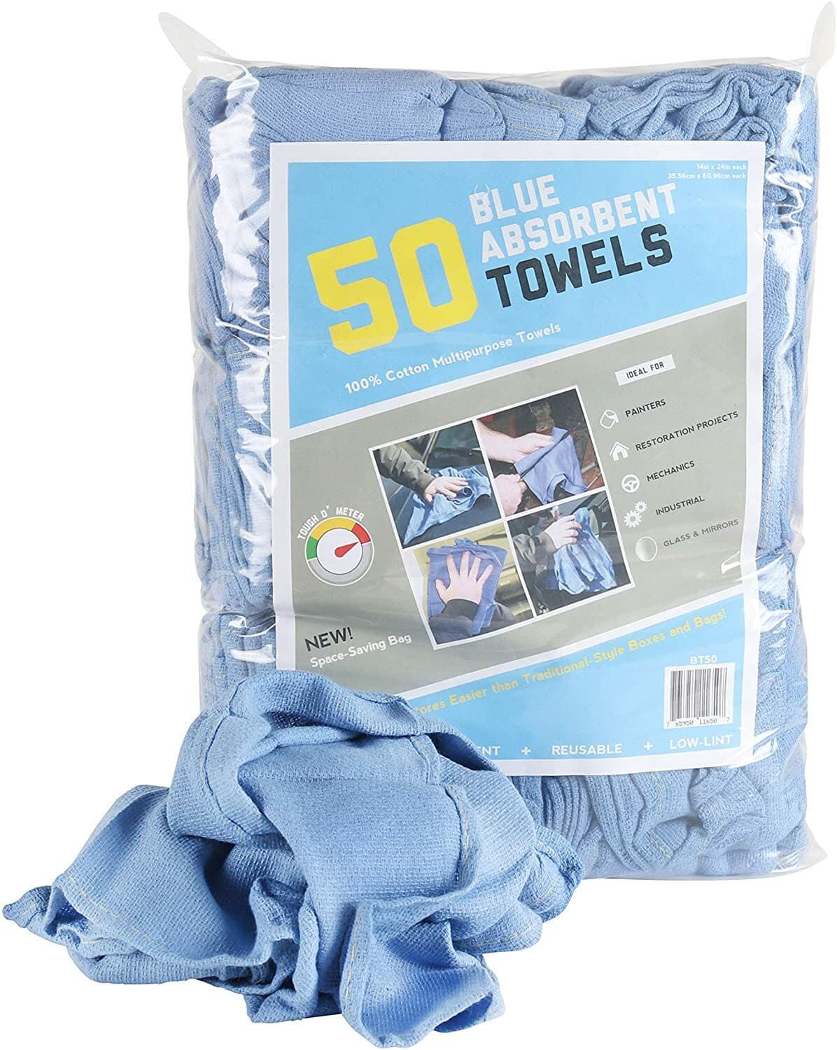 Bag of 50 Huck Cleaning Towels - 14 x 24 Cotton Reusable Blue Drying Cloth Rags