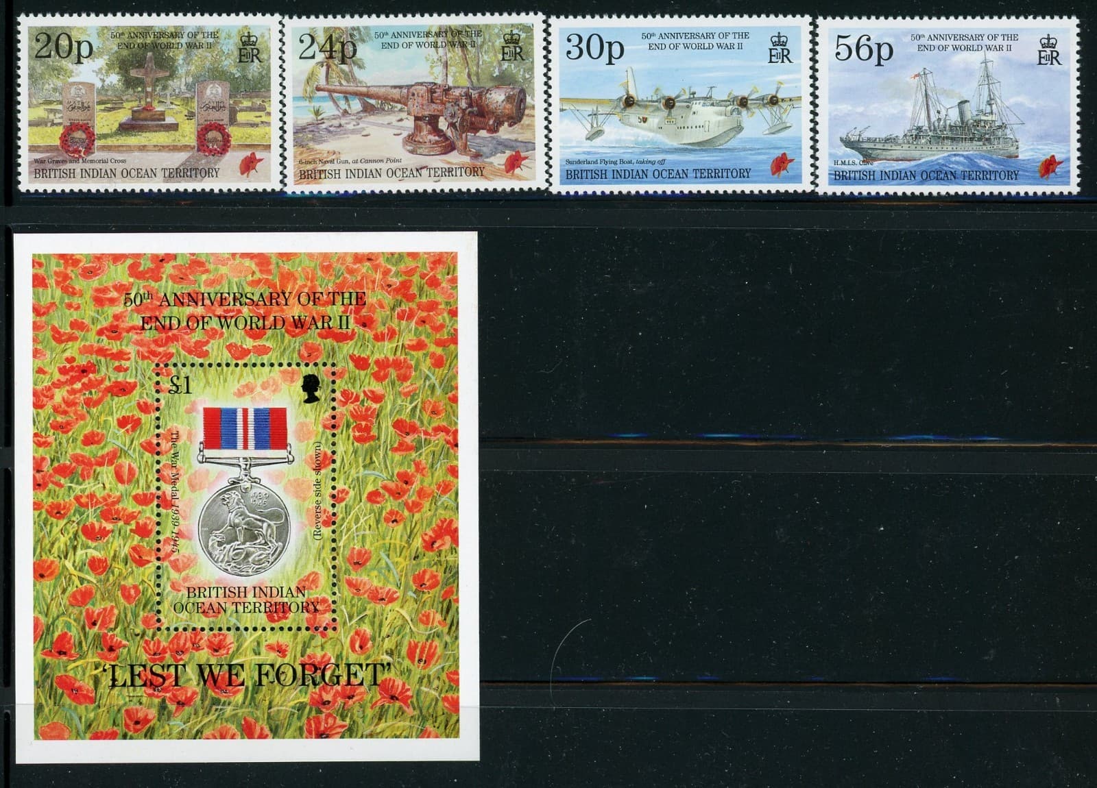 BRITISH INDIAN OCEAN TERRITORY 163-67 SG167-70,MS171 MNH 1995End WWII 4+MS CV$16