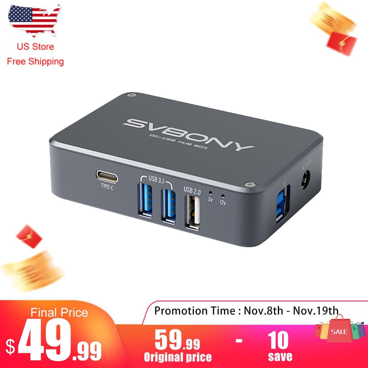 SVBONY SV241 Astronomy Telescope Power Adapter Micro DC+USB HUB Box Type-C