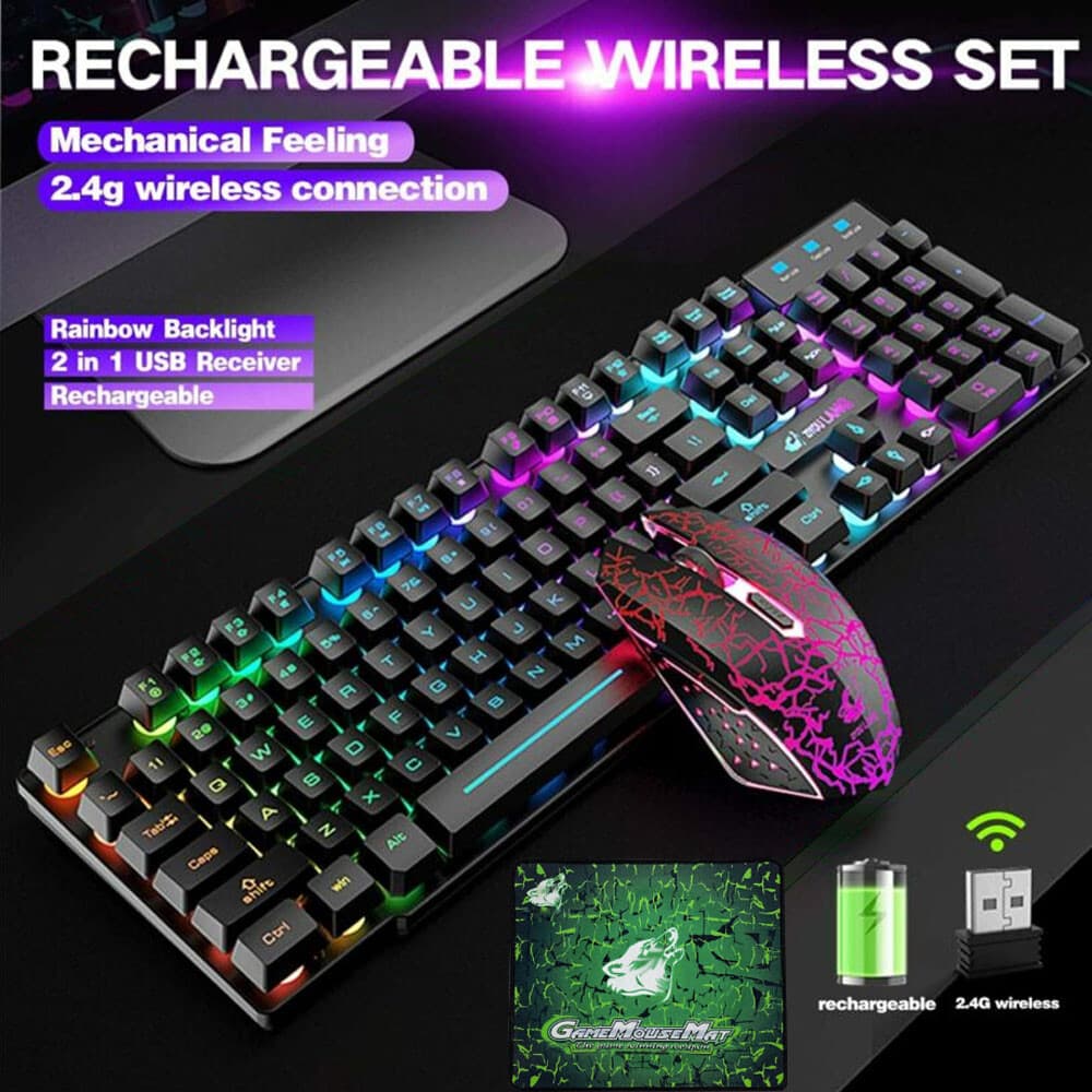 Wireless Gaming Keyboard and Mouse & Mat Combo Mechanical Feel Backlit for PC