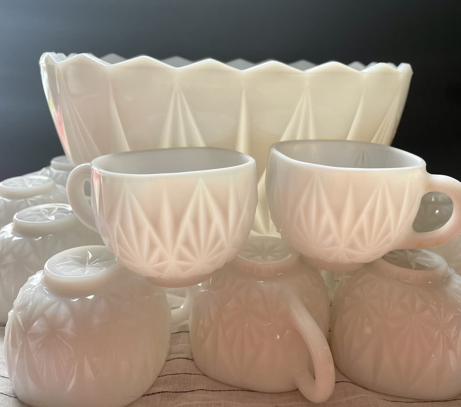 Vintage Hazel Atlas Williamsport Milk Glass Punch Bowl w/11 glasses